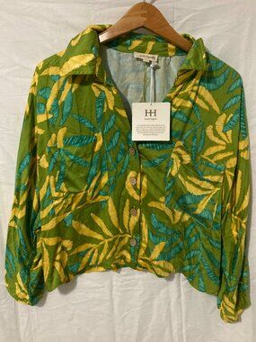 NWT Haute Hippie Size L Womens Loose Green Yellow ButtonDown Boho Top Comfort